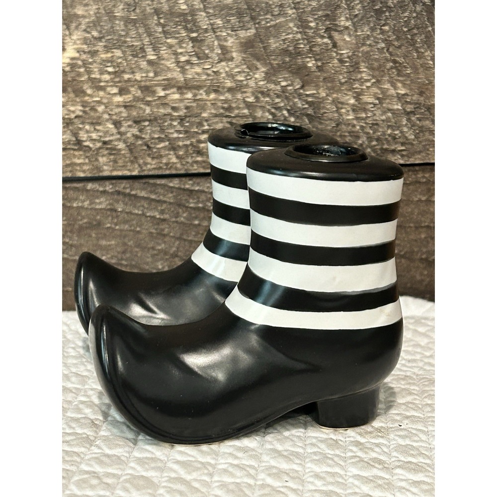 Vintage Ceramic Boots Candle Stick Holder Shoe Figurines Black White Stripe